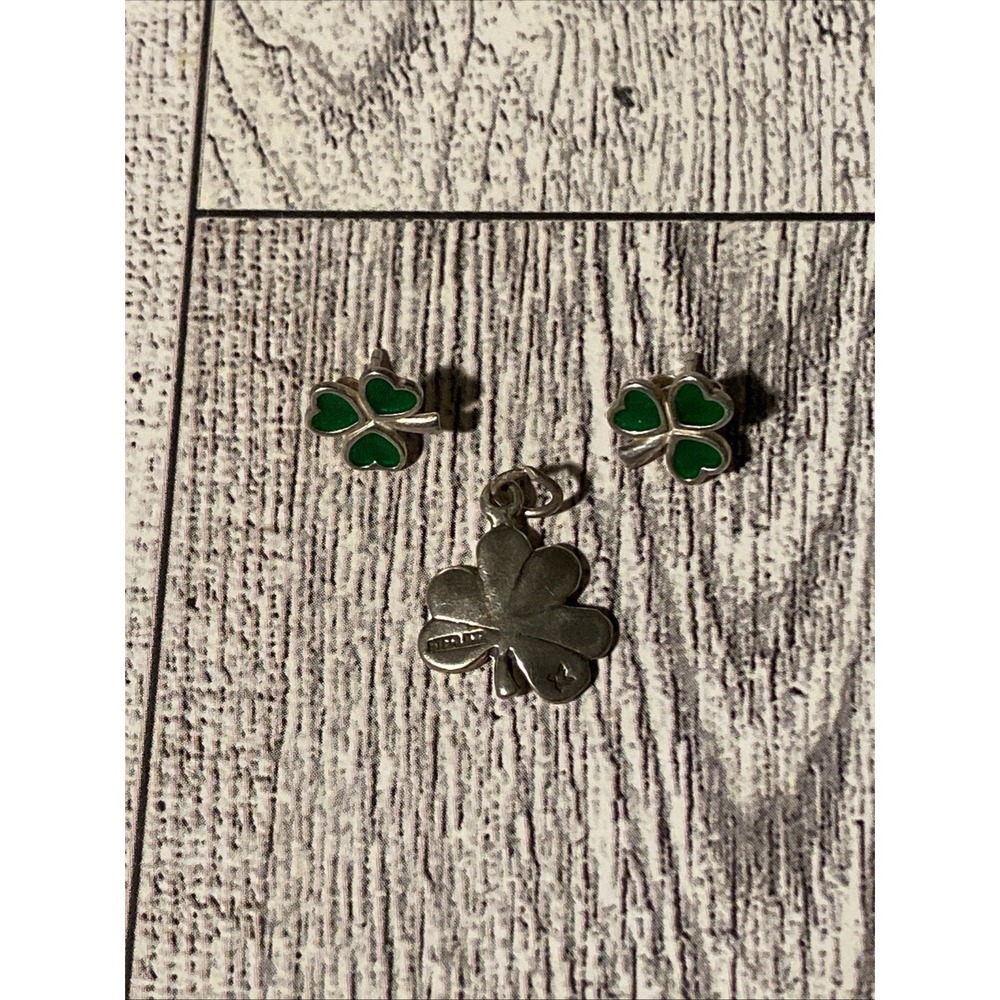 Sterling Silver Jewelry Lot Irish Clover Enamel Stud Earrings & Pendant Charm